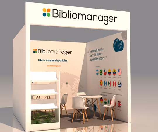 一个白色展台，上面写着“Bibliomanager”的牌子，一张桌子，后墙上摆满了椅子、书架和世界各国旗帜。
