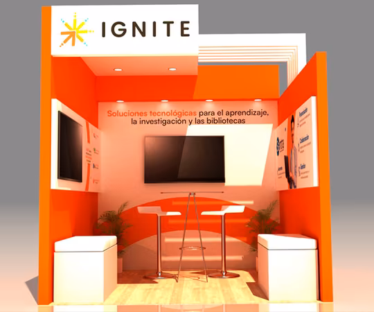 IGNITE展位，橙色和白色装饰，墙挂电视，酒吧桌和两把凳子，以及关于学习、研究和图书馆技术解决方案的西班牙语介绍。