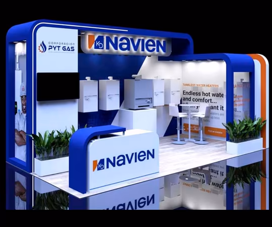 Navien展览展位，配有热水器、信息牌、电视屏幕、柜台、椅子和植物，品牌标志遍布各地。
