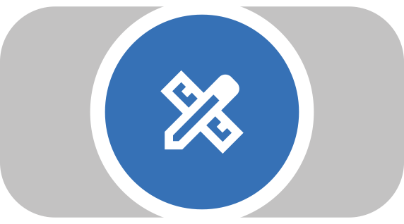 Icono de un lápiz blanco y una regla cruzados sobre un círculo azul, con fondo rectangular gris.