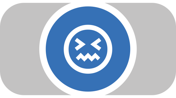 Un círculo azul con borde blanco contiene una cara enfadada simplificada con boca en zigzag y ojos en forma de X, sobre un fondo de rectángulo redondeado gris.