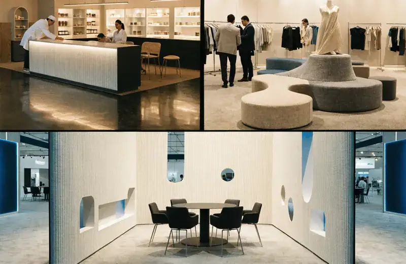 Espacio de NeoDesignEurope en FIBES Sevilla con mobiliario moderno.