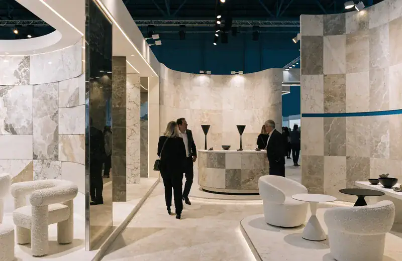 Stand de NeoDesignEurope en Feria Valencia con mobiliario moderno.