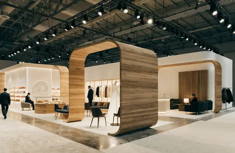 Stand moderno de NeoDesignEurope en FIBES Sevilla con diseño en madera y espacio abierto.