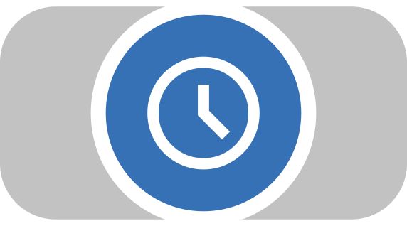 Un icono de reloj circular azul con agujas blancas para las horas y los minutos está centrado sobre un fondo rectangular gris.